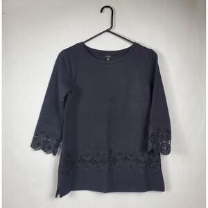 Talbots Black Shimmer Knit Top 3/4 Sleeve Floral Crochet Lace Trim Womens XS
